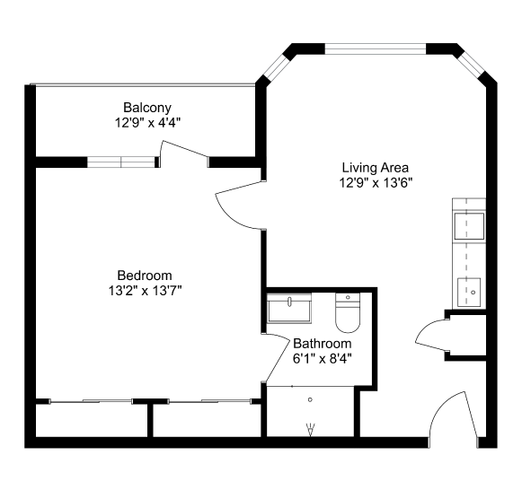 1 bed 545 sq ft